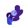 World awareness concept. Vector flat people illustration. Woman hold in hand planet earth globe. Symbol of global responibility,