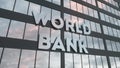 World Bank sign on a modern glass skyscraper. World Bank glass building. 3d rendering