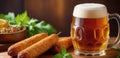 National beer day, glass of beer, foamy drink on the bar, snacks and croutons, cheese sticks, dark bar Royalty Free Stock Photo