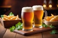 National beer day, glass of beer, foamy drink on the bar, snacks and croutons, dark bar atmosphere on the Royalty Free Stock Photo