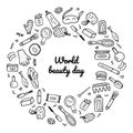 World beauty day. Cosmetics and make up doodle icons in a circle. Hand drawn vector fashion sketch items for shop