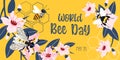 World Bee Day banner, May 20. Cute bees, pink cherry flowers, leaves and honeycomb. Template for a postcard, greeting card, post Royalty Free Stock Photo