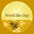 World Bee Day. Concept ecological event. Background of honeycomb with honey, bee