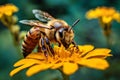 World Bee Day May 20 Realistic photo of bee and flower. Close up of a large striped bee collecting pollen on a yellow flower