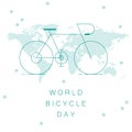 World Bicycle Day vector. Green bicycle icon vector. Bike silhouette and world map. Bicycle and Earth Royalty Free Stock Photo