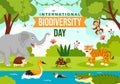 World Biodiversity Day Vector Illustration with Biological Diversity, Earth and the Various Animal in Nature Flat Cartoon