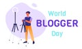 World Blogger Day horizontal banner template with lifestyle male-blogger taking a video or photo cover