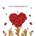 World Blood Donation Day, illustration of a hand pointing and reaching for the blood element in the shape of love