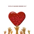 World Blood Donation Day, illustration of a hand pointing and reaching for the blood element in the shape of love