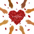 World Blood Donation Day, illustration of a hand pointing and reaching for the blood element in the shape of love