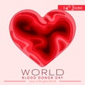 World blood donor day card June 14. Awareness vector banner with red paper cut blood heart. Hemophilia day paper craft poster Royalty Free Stock Photo