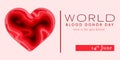 World blood donor day card June 14. Awareness vector banner with red paper cut blood heart. Hemophilia day paper craft poster Royalty Free Stock Photo