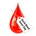 World blood donor day concept. Blood drop with tag, 3D rendering