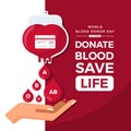 World blood donor day, donate blood save life - hands are receiving drop of blood drops various blood types that flowed from the