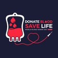 World blood donor day, donate blood save life text and drop blood in blood bag and line heart shape symbol on dark background Royalty Free Stock Photo