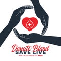 World blood donor day, Donate blood save live - three hands hold care red heart with cross and drop blood sign vector design