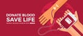 World blood donor day - donate blood save life text and hands hold blood bag to give the patient`s arm on red globe texture
