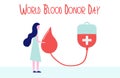 World blood donor day-June 14. Donate blood concept with woman, blood bag and a drop of blood in a flat style Royalty Free Stock Photo