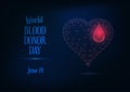 World blood donor day web banner with glowing low poly blood drop and heart symbol and text Royalty Free Stock Photo