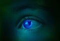 The world on blue pixeled eye