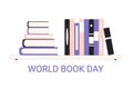 World book and copyright day banner template. Reading lover. Stack of literatures on bookshelf. Learning and education holiday. Royalty Free Stock Photo