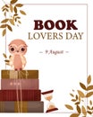 World Book Day. August 9th. A stack of books, textbooks and an owl. Bookstore promotional banner, poster and printable