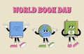 World book day banner. Funky character books and globe Earth with psychedelic smile. Retro mascot cartoon style. Book Royalty Free Stock Photo