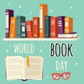 World book day, books on shelf and open book with glasses