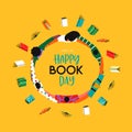 World book day colorful books and friend people group hug circle cartoon card illustration