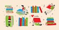 World Book Day graphics - book week events. Modern flat vector concept illustration of reading people, young man reading