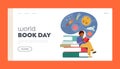 World Book Day Landing Page Template. Boy Character Reading Book about Space Travel. Back to School, Education, Learning