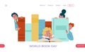 World book day online website landing template banner, internet remote library business, read more button flat vector Royalty Free Stock Photo