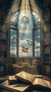 Open book in the library with sun rays coming through the window Royalty Free Stock Photo