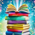 Open book, stack of colorful hardback books on bright colorful bokeh background
