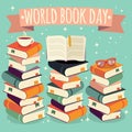 World book day, open book on stack of books with glasses on mint background