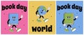 World book day poster set. Funky character with psychedelic smile. Retro mascot cartoon style. Book reading festival Royalty Free Stock Photo