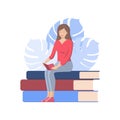 World book day poster. Woman reading a book, icon vector, book lover flat cartoon illustration, library logo