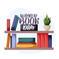 World book day. Book Shelf with books and potted plant. Stack of various books isolated on a white background