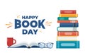 World book day. Stack of books and open book with glasses and cup. Vector illustration Royalty Free Stock Photo