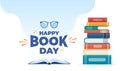 World book day. Stack of books and open book with glasses and cup. Vector illustration Royalty Free Stock Photo