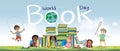 World book day with Stack of colorful book with kids sitting reading book, having picnic and playing in grass fields,Vector cute Royalty Free Stock Photo