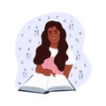 World Braille Day. Black smiling blind African American woman reading something in braille. World Braille Day. Vector