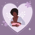 World breastfeeding week illustration.Young afro American woman with child. Lactation concept.