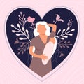 World breastfeeding week illustration.Young Caucasian woman with child. Lactation concept.Mom holds her baby on floral background.