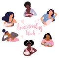 World breastfeeding week illustration.Young women different ethnicities with childs. Lactation concept in various positions.