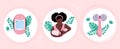 World Breastfeeding week.Lactation accessories set.Young afro American woman with child. Massager and electronic pumping device.