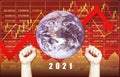 2021 World business background show arrow down with candlestick pattern, graph and chart, number, earth image from NASA and Royalty Free Stock Photo