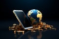 World business concept Smartphone with a stack of gold coins and Earth globe Royalty Free Stock Photo
