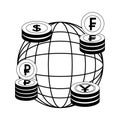 world business stacked coins yen dollar franc ruble Royalty Free Stock Photo