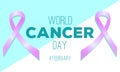 World Cancer Day awareness banner concept with ribbons and text. Medical care for diseases of the breast, children, leukemia, skin